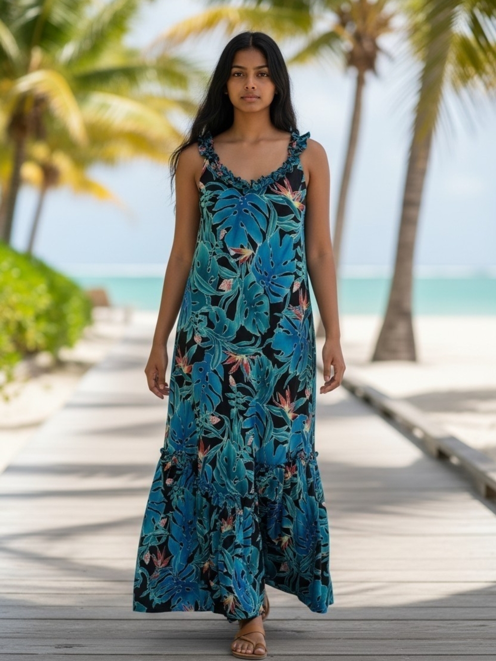 Hilo Hattie Hawaiian Tropical Maxi Dress Blue Floral Ruffle Made in Hawaii Small